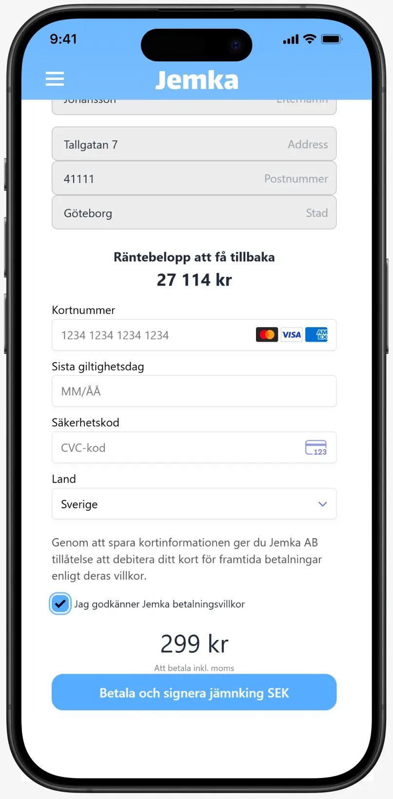 Betala din ansökan säkert med betalkort via betaltjänsten Stripe